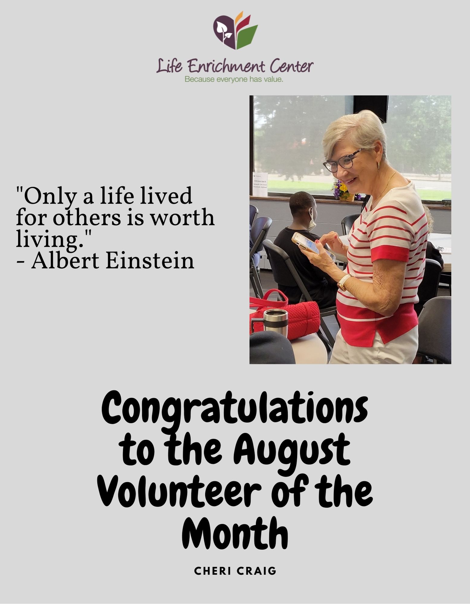Volunteer of the Month of August-Cheri Craig