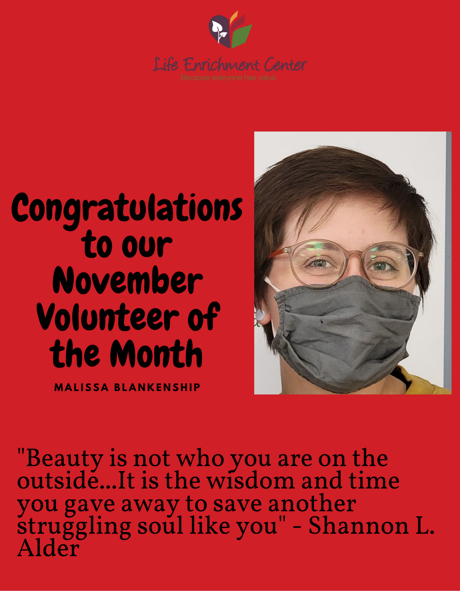 Congratulations to our November Volunteer of the Month Malissa Blankenship